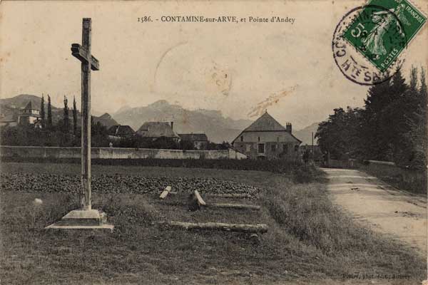 Carte postale<br />
(une des plus anciennes)<br />
de l'entrée de CONTAMINE SUR ARVE 